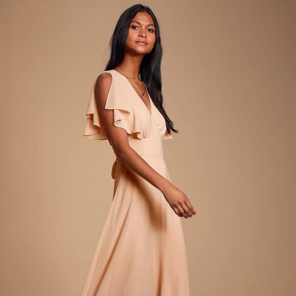 Lulus Dearly Loved Blush Flutter Sleeve Maxi Dress Pink - Size S NWT - Picture 3 of 6